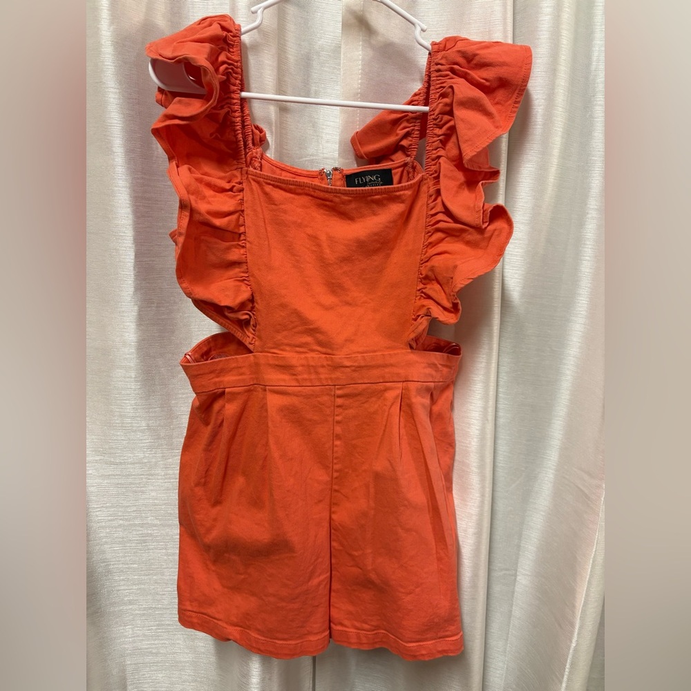Flying Tomato Orange Denim Ruffle Romper Large Game Day BoHo